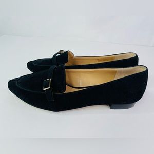 Talbots sz 6 Women's Leather Pointy Flat Black Suede Shoes Gold Buckle Slide Ons